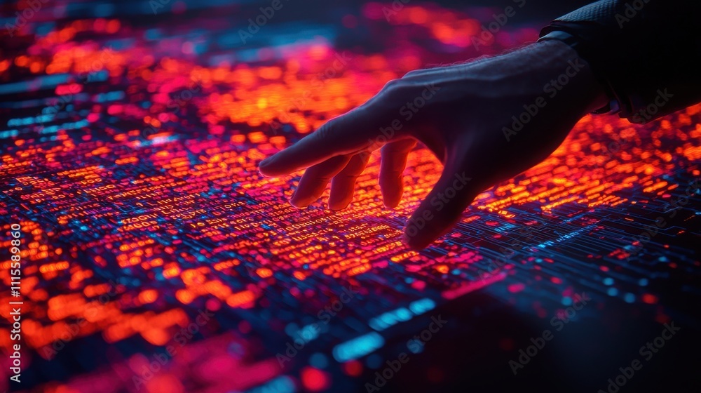 Poster a hand reaches out to touch a vibrant, illuminated digital interface filled with colorful data patte