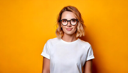 Portrait of a smiling woman with glasses against a bright yellow background