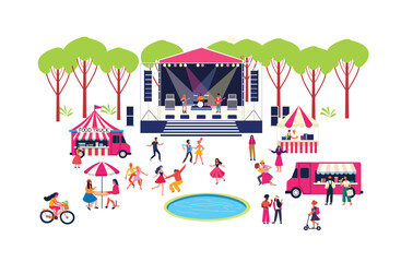 Open-air music festival featuring a live performance on an outdoor stage, with people dancing in nature. The event includes food trucks, flat vector illustration