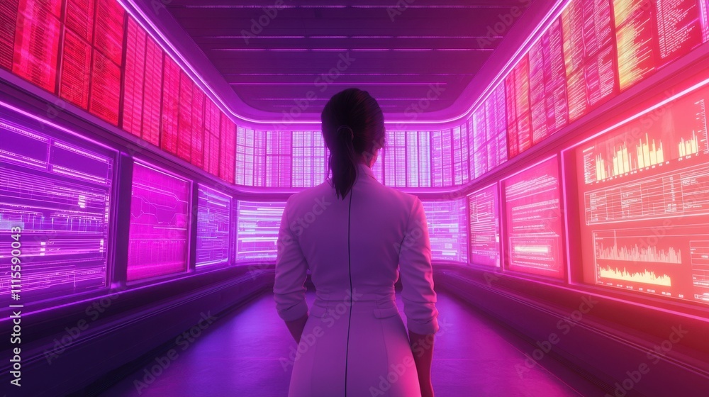 Poster a figure stands in a futuristic room filled with vibrant, glowing screens displaying digital data an
