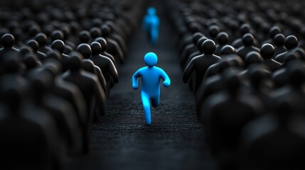 Obraz premium A solitary blue figure sprints forward, contrasting against a sea of dark silhouettes, representing determination and individuality in a bustling urban environment