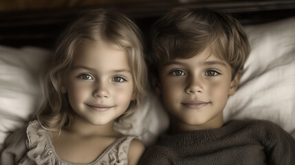 Two smiling siblings relaxing together on a cozy bed in soft light during a quiet afternoon at home. Generative AI