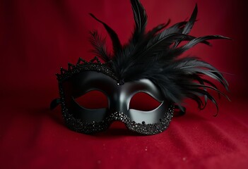 A black masquerade mask with red background