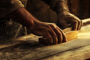 A man is sanding a piece of wood with a block