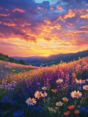 Obraz premium Vibrant Dawn Over Wildflower Field, a stunning sunrise casts warm hues across a blooming landscape, filling the air with enchantment and the promise of a new day.