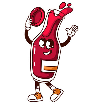 recommend clip art: Groovy ketchup bottle cartoon character walking with smile. Funny retro sauce for meat in jar with cap and label. BBQ picnic party mascot, cartoon tomato ketchup sticker of 70s 80s vector illustration