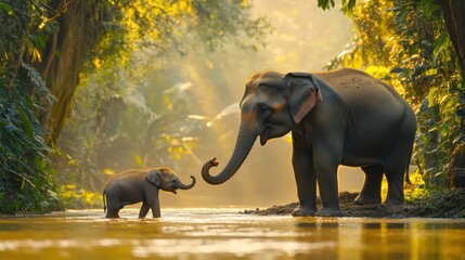 Naklejka premium An emotional reunion by the riverbank in the jungle, with a baby elephantrunning joyfully toward his mother, a large, gentle elephant with a loving expression. The mothers trunk is extended to embrace