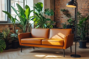 Fototapeta premium Tan Leather Sofa Amidst Lush Greenery In A Sunlit Room