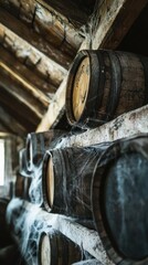 A rustic scene featuring wooden barrels covered in cobwebs.