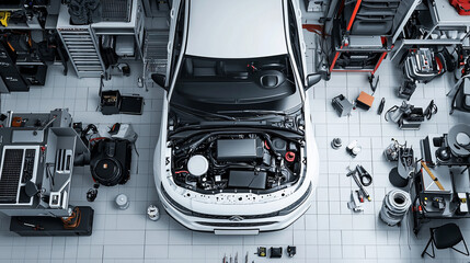 Car mechanic working on engine in a professional auto repair shop
