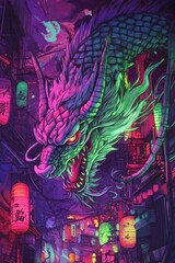 Cyberpunk Manga Dragon with Japanese Tattoos on Colorful Anime Comic Book Cover