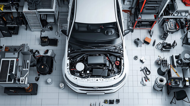 Car mechanic working on engine in a professional auto repair shop