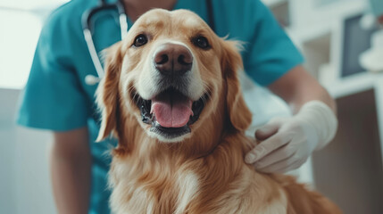 Veterinarian caring for a happy golden retriever at the clinic