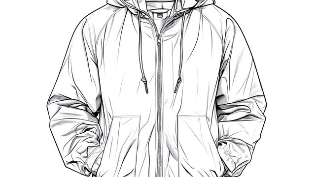 recommend clip art: Hooded jacket front view, zippered, pockets, minimalist line art.