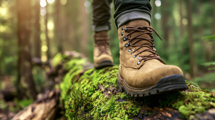 Young man walking on a mossy log in a serene forest setting