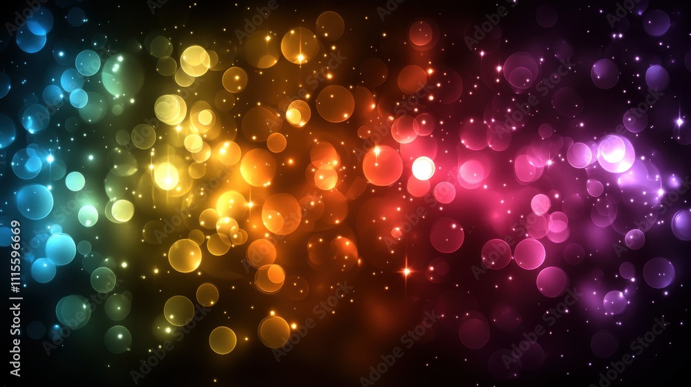 Poster abstract rainbow bokeh background with colorful lights and sparkles.
