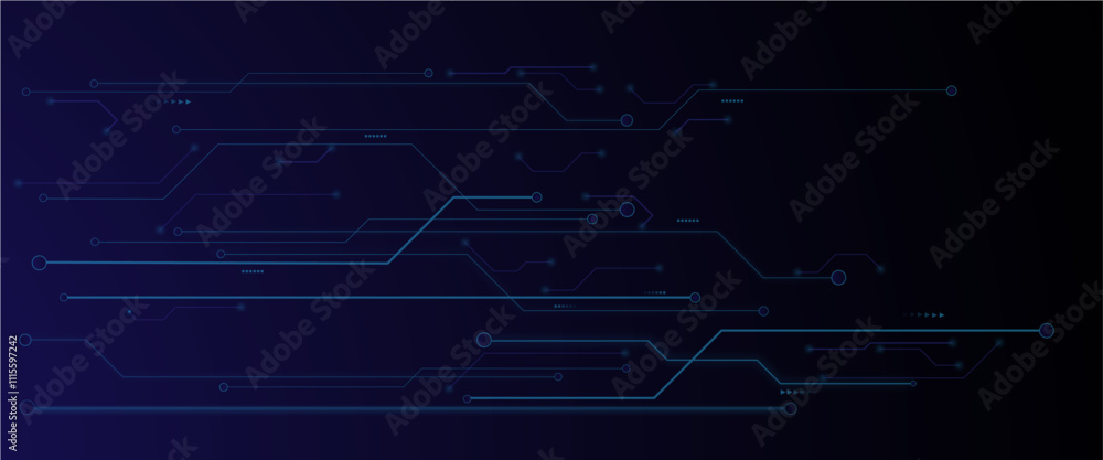 Poster vector technology lines circuit and dots on blue background, circuit board network connection.