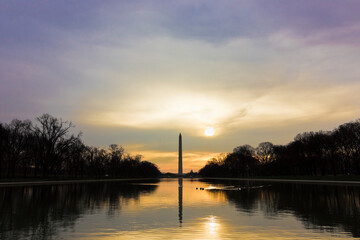 An early morning scene in America's Front Yard, featuring the Reflecting Pool, Elm Walk and the Washington Monument, National Mall, Washington DC