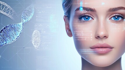 Evolution technology biotechnology concept. A close-up portrait of a woman with blue eyes, surrounded by digital elements and DNA strands.