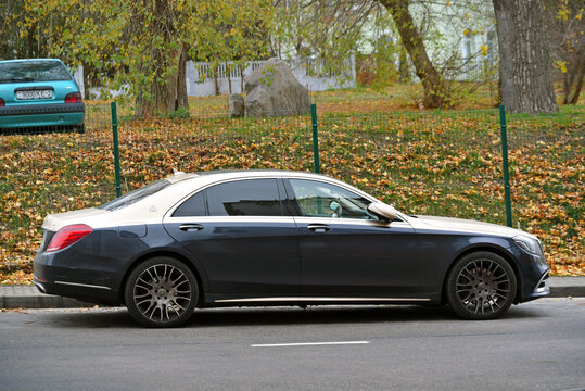 Minsk, Belarus. Nov 5, 2024. Mercedes Maybach S-Class V12 parked in the street, side view. Maybach Mercedes with two-tone paint.