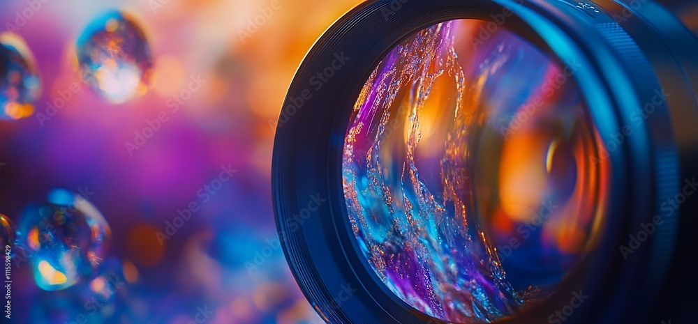 Poster a close-up of a camera lens with colorful reflections and bubbles.