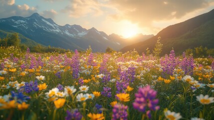 Fototapeta premium Vibrant wildflowers bloom in a mountain meadow at sunset.