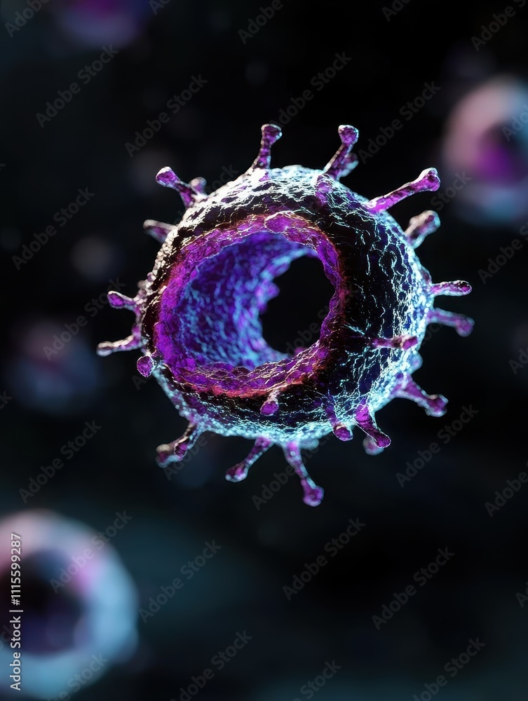 Poster exploring cellular structures virus magnification laboratory digital art dark background scientific 