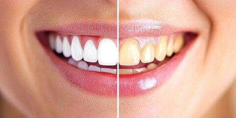 Woman's teeth are shown in two different stages of whitening