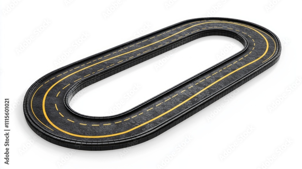 Poster a well-maintained black asphalt road winds gracefully, defined by bright yellow lines that create sh
