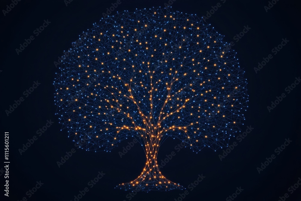 Poster a glowing tree silhouette adorned with colorful lights against a dark background, creating a serene 