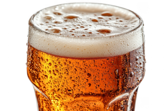 Fizzy beer overflowing from glass, showcasing detailed foam and condensation. rich amber color and bubbles create refreshing and inviting appearance