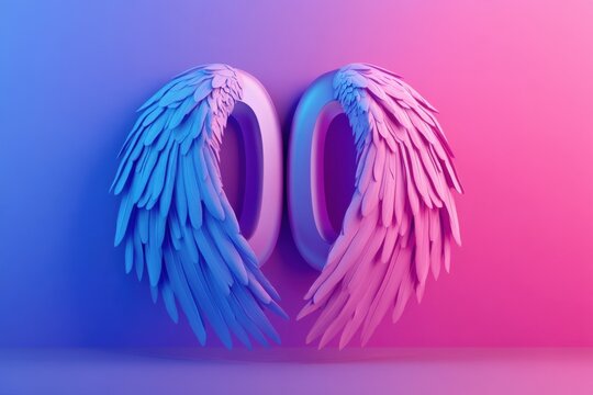 Two pink and blue wings with a pink and blue number 0 in the middle