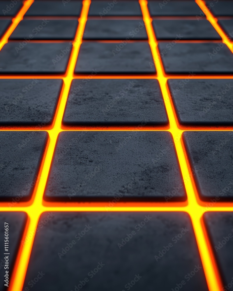 Poster a modern, illuminated tile pattern featuring dark surfaces with glowing orange lines creating a stri