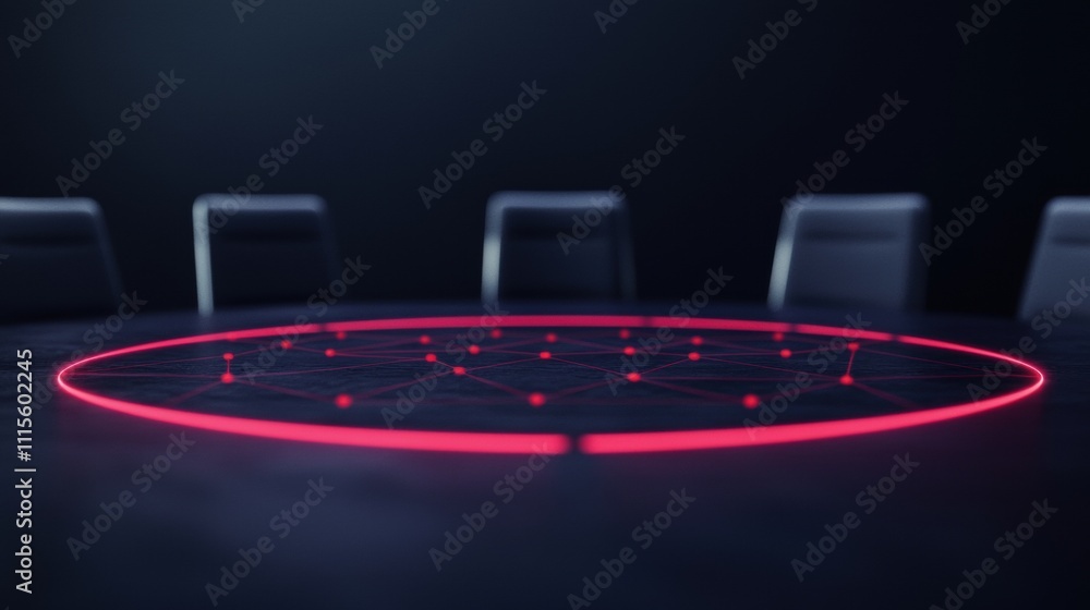 Poster a futuristic conference table with a glowing red circular display and surrounding chairs, set in a d