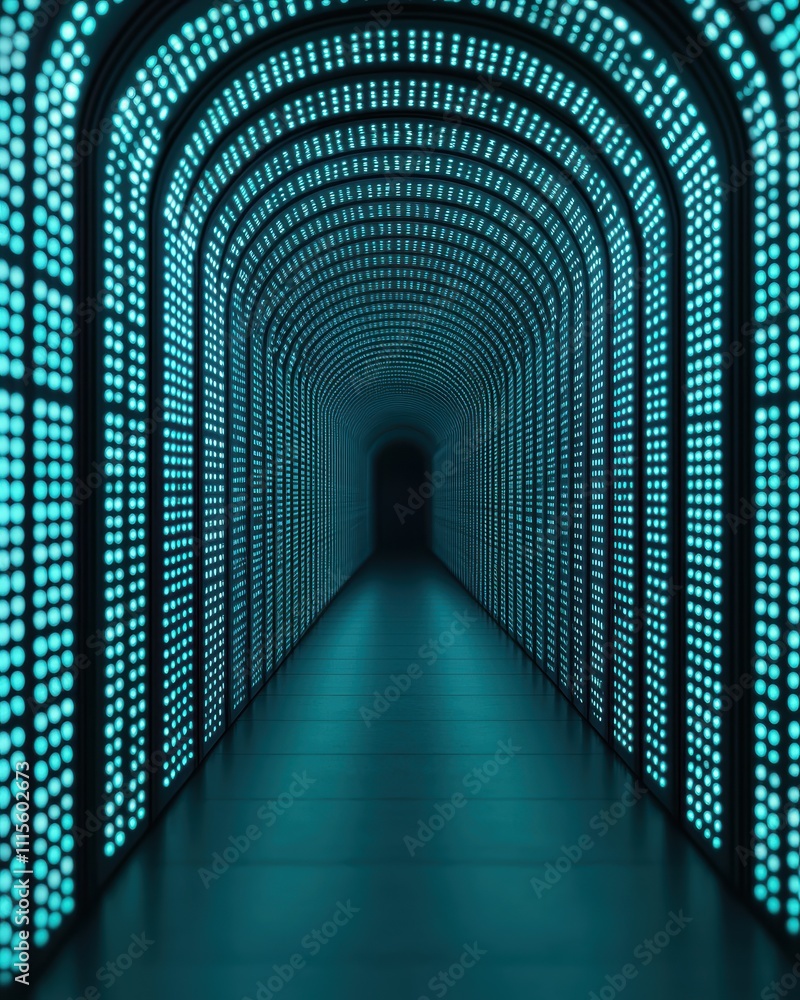 Poster a glowing, futuristic tunnel illuminated by vibrant blue lights, creating an immersive and captivati