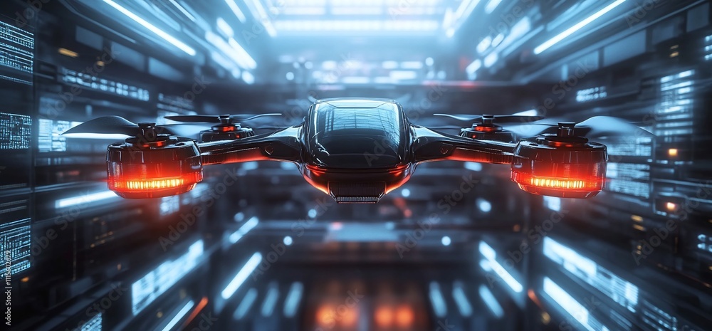 Poster a futuristic drone hovering in a high-tech environment.