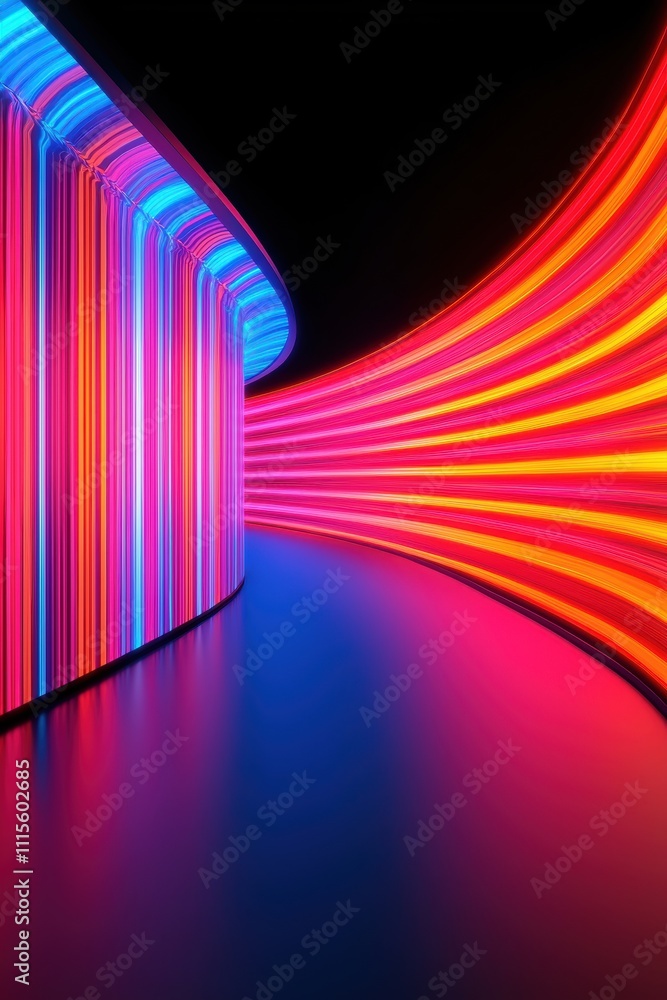 Poster a vibrant, illuminated pathway featuring colorful neon lights in a curved design, creating a dynamic