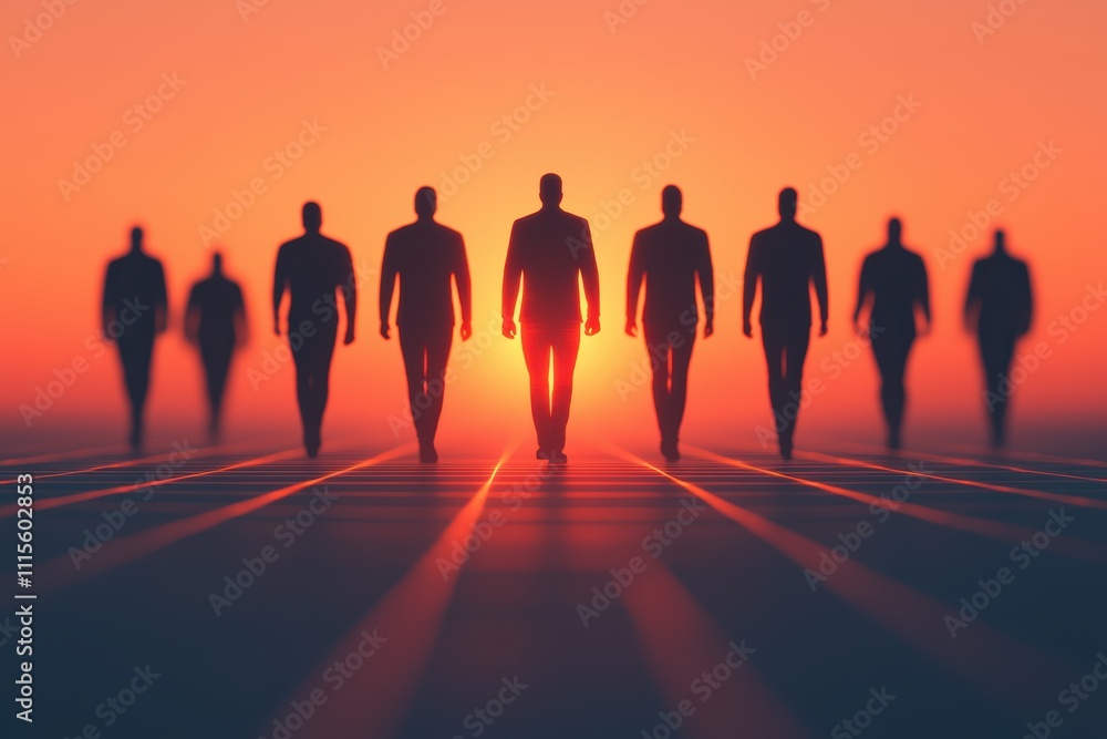 Poster silhouettes of figures in suits walk toward a sunset, creating a dramatic and mysterious scene of un