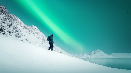 Person Watching Northern Lights in Snowy Landscape