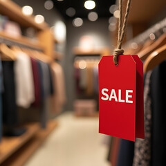 Red sale tag hanging in a retail store with a blurred background of clothes and lights, representing retail sales, discounts, and promotions in a stylish and inviting shopping environment