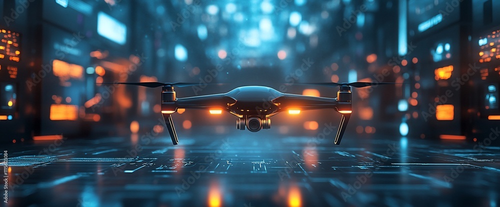 Poster a futuristic drone hovering in a high-tech digital environment.