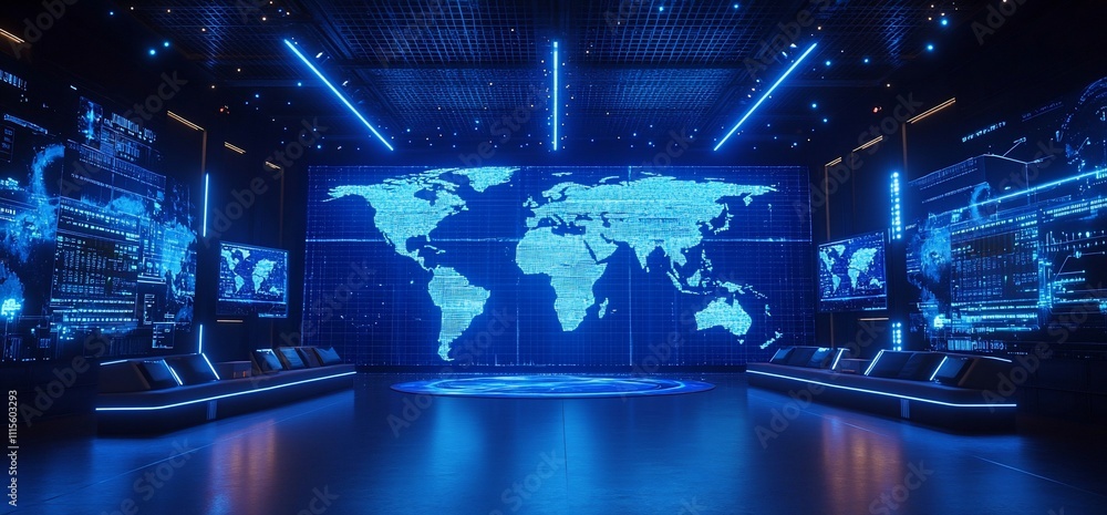 Aufkleber a futuristic control room with a digital world map and data displays.