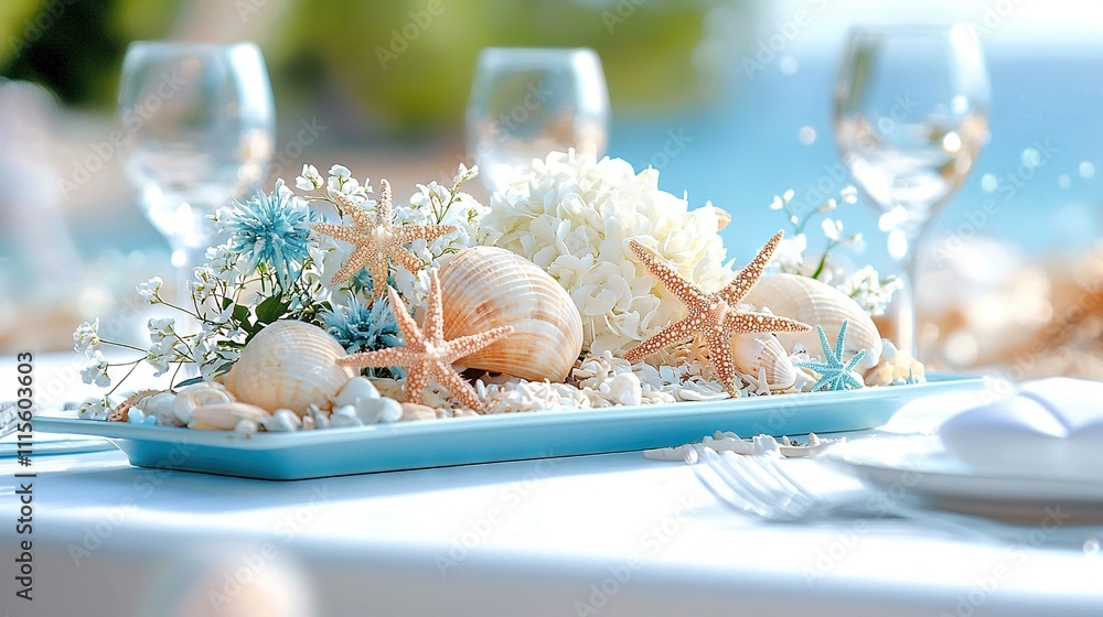 Poster a close-up of a dish with shells and flowers on a table with wine glasses in the background