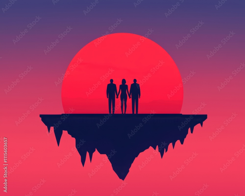Poster three figures stand hand in hand on a floating island against a vibrant sunset, symbolizing connecti