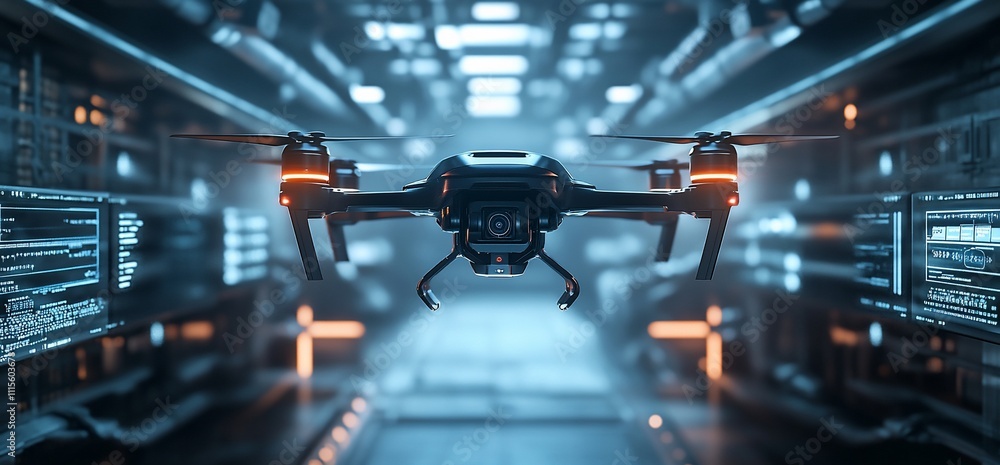 Poster a futuristic drone hovering in a high-tech environment.