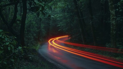 A tranquil forest road with the glowing red taillights of cars creating a warm and welcoming ambiance amidst the cool green surroundings.