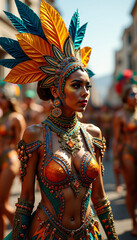 Rio Carnival performer in vibrant feathered costume
