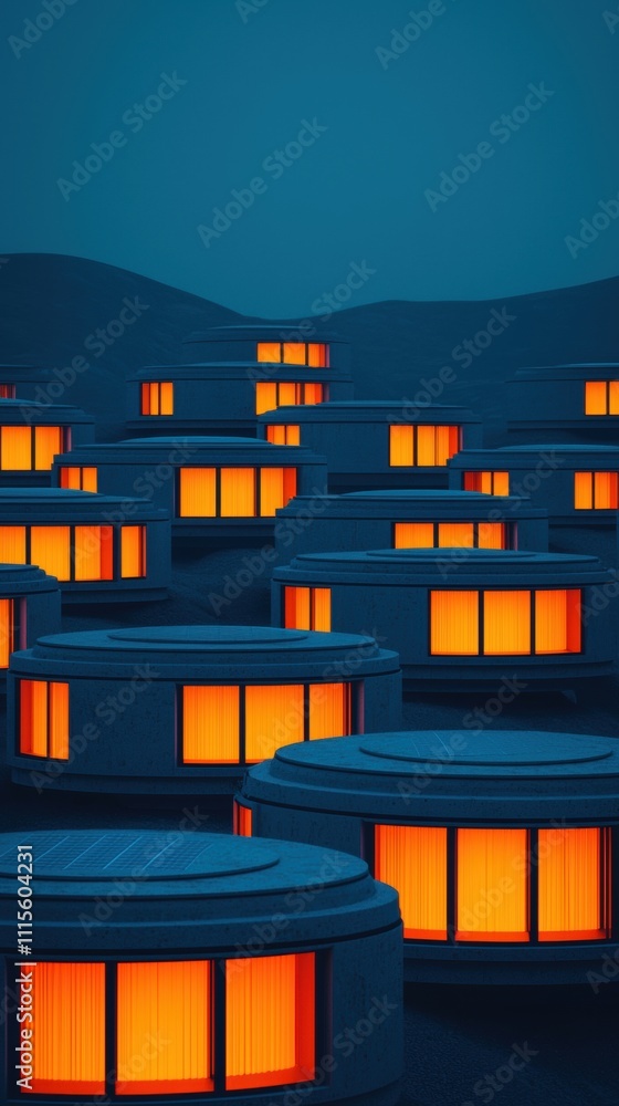 Poster a serene landscape at dusk featuring round structures with glowing orange windows, creating a warm a