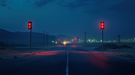 Deserted highway at night with red traffic lights.