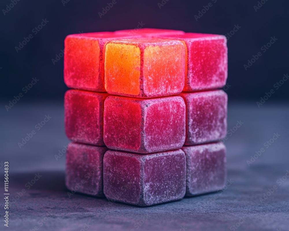 Poster a colorful, illuminated cube resembling a puzzle, composed of jelly-like materials, sits on a dark s